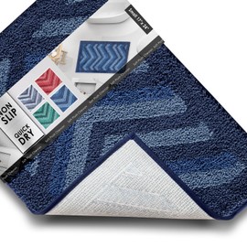 Clara Clark Bathroom Rugs, Shaggy Plush Bath Mat, Ultra Soft Bathroom Mat, Non Slip Backing Rubber, Chevron Design Bath Rugs, 20 x 32, Blue