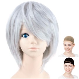 CaseEden 6041 Premium Cool Short Hair Wig, Silver, Silver, Silver