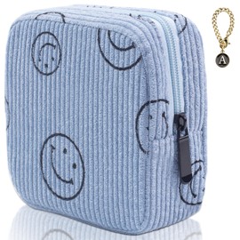 Teircno Sanitary Napkin Storage Bag,Preppy Corduroy Period Bag for School Teen Girls, Cute Smiley Face,Portable Period Pouch with Zipper, Sanitary Pads Bag Tampons Holder for Purse, First Period