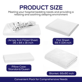 Linteum Textile Supply All in One Hospital Bed Linen Set in a Bag 100% Cotton 4 Piece Hospital Bedding Set White 180 Thread Count Flat Sheet, Jersey Knit Fitted Sheet, Pillow Case & Snag Free Blanket