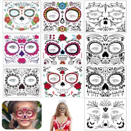 Pack of 10 Temporary Face Tattoos, Skull Design Sticker Day, Colourful Waterproof Face Tattoo, Face Tattoo Stickers for Children, Adults, Cosplay Party