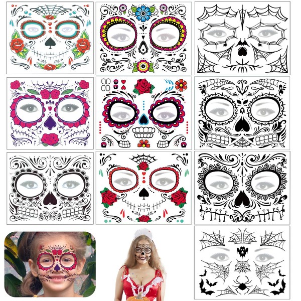 Pack of 10 Temporary Face Tattoos, Skull Design Sticker Day,