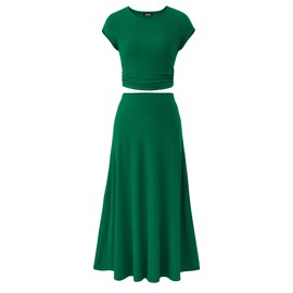 BTFBM Women Two Piece Skirt Set Casual Ribbed Knit Crew Neck Short Sleeve Cropped Top Elastic Waist Swing Midi Skirts(Solid Green, Medium)