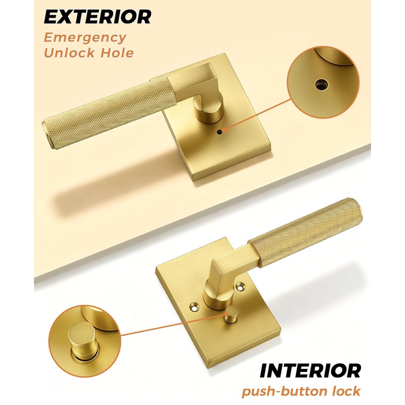 Probrico Brushed Gold Privacy Door Handle, Knurled Lever, Heavy Duty