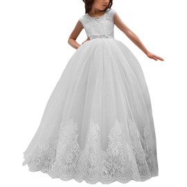 Flower Girl Dress for Wedding Kids Lace Pageant Ball Gowns (Size 12, White)