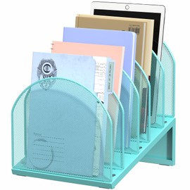 OUTIOE 5-Section Desk File Organizer, Metal Mesh Folder Organizer for Documents, Mail & Office Papers (Blue)