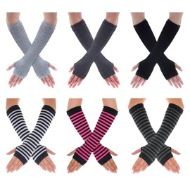 Tongcloud 6 Pairs Punk Arm Warmer Fingerless Fingerless Gloves for Women Girls Winter Arm Warmers (Black, dark gray, light gray, black and gray stripes, black and white stripes, black rose stripes)