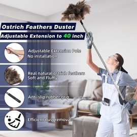 Extendable Ostrich Feather Duster - 40 inches Fluffy Long Handle Reusable Feather Duster for Cleaning Ceiling Fan,Pendant lamp, High Ceiling, Blinds, Furniture