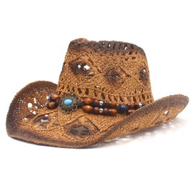 Felcia Men's Women's Straw Cowboy Hat Woven Sunscreen Cap Western Cowboy Hat Two Decorative Bands (A-Dark Coffee, One Size)