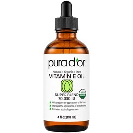 PURA D'OR Organic Vitamin E Oil (4oz / 118mL) 70,000 IU 100% Pure Natural USDA Organic For Skin Face Hexane Free w/Sweet Almond, Apricot, Jojoba, Argan, Rosehip, Sunflower & Avocado Oil For Bath Body