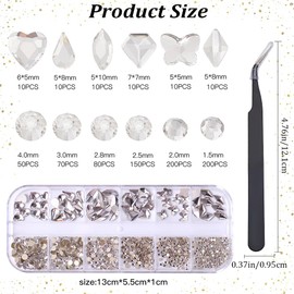 CRASPIRE 810Pcs Silver Nail Rhinestones Kit 6 Shapes Flatback Gems+750Pcs 1.5-4mm Round Glass Charms with Tweezer 3D Resin Crystal Nail Art Glitter Diamond Stone Set for Women Jewelry Decor Supplies