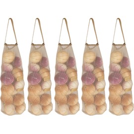 Hanging Mesh Storage 5Pack Potato & Onion Bags - Large Reusable Net Produce Bags (Beige)