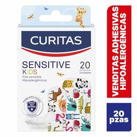 Curitas Venditas Adhesivas Sensitive Kids, hipoalergénicas ideal para piel sensible con diseños de animales protegen la herida contra la suciedad y bacterias, 20 piezas