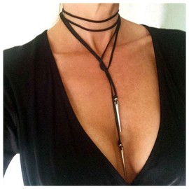 Allereya Vintage Layered Suede Velvet Choker Necklace Silver Vertical Bar Pendant Necklace Black Long Leather Tassel Necklace Silver Wrap Necklace Jewellery for Women and Girls