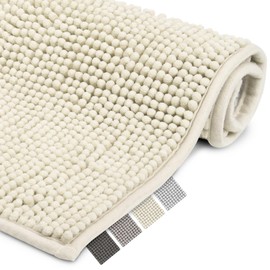 Beautissu Bath Mat Non-Slip 50 x 80 cm – BeauMare WR Chenille Bathroom Rug Suitable for Underfloor Heating – Fluffy Bath Mat for Shower, Bathtub and Toilet in Natural
