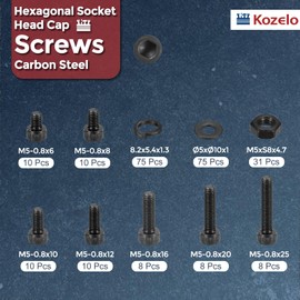Kozelo 245pcs M5 Socket Head Cap Screws Bolts Nuts Assortment Kit - [M5x6/8/10/12/16/20/25mm] Alloy Steel Fully Threaded Black Oxide 12.9 Internal Hex Screw for 3D Printer Use