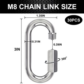 30PCS 3 Inches Chain Quick Links, M8 Galvanized Steel Thread Heavy Duty Carabiner Clips, 5/16" Locking Carabiners Connectors for Hammock, Camping, Pet Leash, Key Chain, Gym, 2000 Lbs Capacity