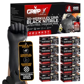 GRIPXX Herkules Grip Heavy Duty 8Mil Black Nitrile Gloves,3D Raised Diamond Texture-Latex & Powder-Free-Industrial, Mechanic (1000, Large)