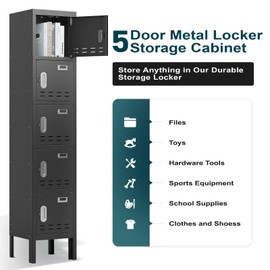 SAPITAL Metal 5-door Locker, 66" Storage Cabinet for Employees, School, Gym, Home Office & Garage (Black)