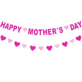 Mothers Day Decorations, Happy Mothers Day Banner and Heart Banner Rose Red Pink Glitter Garland NO-DIY for Mother's Day Decorations Thanks Mom Indoor Outdoor Mantle Fireplace Wall Decor