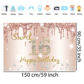 Tecreo Happy 16th Birthday Backdrop Banner for Girl Happy 16 Years Old Fabric Sign Poster Party Decoration, Glitter Rose Pink Photography Background Sweet 16 Birthday Party Supplies, 150x90cm
