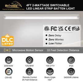 2 Pack 4FT Tri-Level Motion Sensor LED Linear Strip Stairwell Light with Remote, 20W/40W 2500lm/5000lm 5000K, IP20, 100-277V, Dimmable 4 Foot Commercial LED Office Shop Ceiling Lights Fixture, ETL DLC