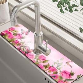 Pink Rose Bouquet Butterfly Kitchen Sink Splash Guard Mat Absorbent Fast Drying Mat Faucet Draining Mat Sink Splash Guard Behind Faucet Drip Catcher for Kitchen Bathroom 5.5"×24"