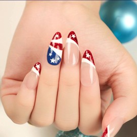 Press on Nails Medium Almond Fake Nails with Red Rench Tip Designs 4th of July Glue on Nails Star False Nails Press ons Independence Day Acrylic Stick on Nails for Women 24 Pcs
