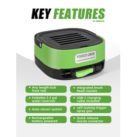 FOOCO LB05 Cordless Pressure Rinseless Sprayer Washer W/Foldable 3.2gal Water Tank, Any-Length Lock Auto-Rewind Hose Reel, Portable Power Washer for Cars, Bikes, Fishing Gear, Garden & Outdoor