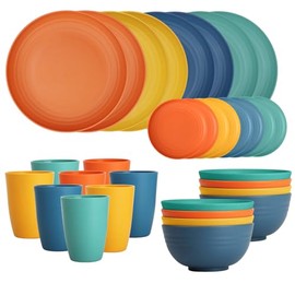 BUSOKIP 32-Piece Wheat Straw Dinnerware Sets, Dishes Set for 8, Unbreakable Plates and Bowls Set, Microwave Safe Dinner Plates, Dessert Plates, Bowls for Kitchen, Cup Sets for Outdoor, Camping - Multi