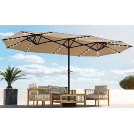 YITAHOME 15ft Patio Umbrella w/Solar Lights Outdoor Extra Large Double-Sided Market Table Umbrella 48 LED Light for Pool, Patio Furniture, Patio Shade, Khaki