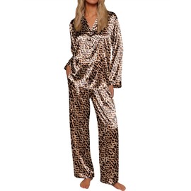 Ekouaer Silk Satin Pajamas for Women Button Down Pjs Set Long Sleeve Loungewear 2 Piece Wide Leg Sleepwear Leopard Large