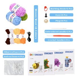 4 Pieces DIY Crochet Set with Crochet Pocket and Instructions, Knitting Set for Beginners, with 4 Different Animal Crochet Instructions (Elephant/Dinosaur/Bee/Octopus) for Beginners Animals