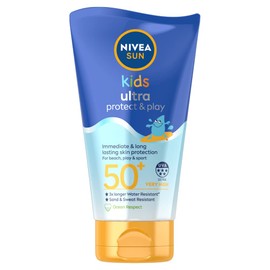 NIVEA SUN Kids Swim & Play // Ultra Protect & Play SPF 50+ Lotion (150ml), Water-Resistant Sunscreen, Effective UVB and 5 Star UVA Protection, Sun Cream Enriched with Dexpanthenol, Designs May Vary
