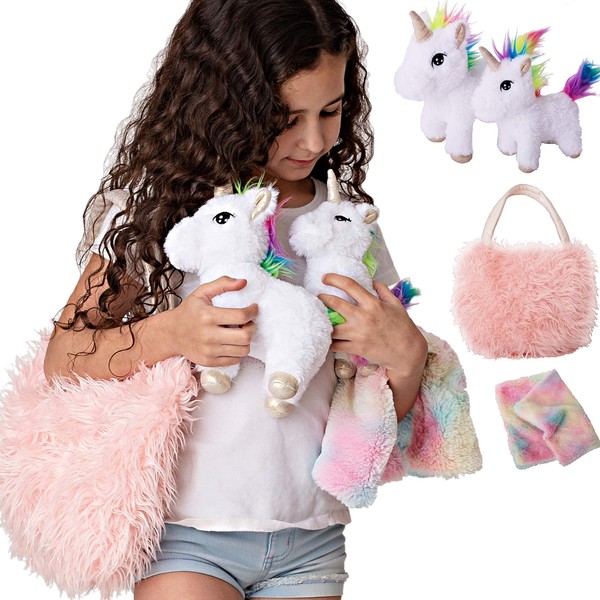 Perfectto Design Unicorn Stuffed Animals for Girls Set, Baby Mommy Unicorn Toy, Bag and Doll Blanket - Plush Toy for 3 4 5 Year Old Girl, Christmas Birthday Little Girl Gift Age 3-8