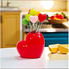 Fruit Forks Dessert Forks Salad Forks Food Picks Repeated Use of Decorate Cute Creative 10 Different Stainless Steel Fruit Forks and 1 Love Holder (Slanted Red Love) (xie Love)