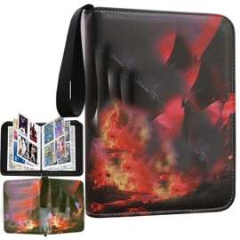 Sihdnok Trading Card Binder–Deluxe Fire Dragon 4-Pocket Side-Loading Zipper Album with 50 Sleeves and 400 Pockets–Fits Sleeved Cards–Ideal for TCG，MTG, Sports Collector