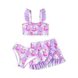 QINCS Traje de Baño de Tres Piezas para Niñas, Estampado con Protección Solar, Surf (MX/US, Numérica, 8, Estampado Morado)