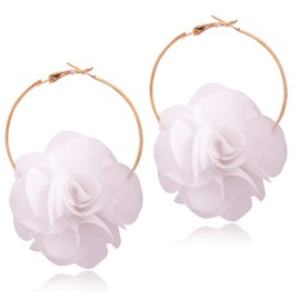 DAMLENG Lightweight Bohemian Big Fabric Flowers Dangle Drop Earrings Handmade Charm Chic Petal Hoop Earrings with Chiffon Floral Tassel for Women Vacation Wedding (White)