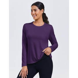 PINSPARK T Shirts for Women Long Sleeve UV Protection Workout Tops with Crew Neck Activewear for Yoga Gym Hiking Running, Purple Medium