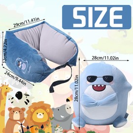 YOUYIKE 2-in-1 Children's Travel Pillow, Transformable Neck Pillow, U-shaped Pillow, with Shark Plush Toy, Yes Play Companion and Sleep for Planes, Cars and Travel (Blue)