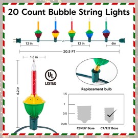 Minetom Christmas Bubble String Lights - 20 Counts Christmas Lights Bulb, Multicolor Bubble Decorative Lights for Christmas Tree Holiday Celebrations Lighting, Multicolor