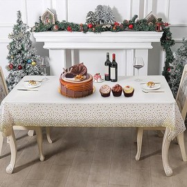 AMJKEJI Pack of 4 Party Tablecloth, White Gold Dot Tablecloth, Rectangular, 137 x 274 cm, Waterproof Plastic Tablecloths for Christmas, Birthday, Weddings, New Year, Picnic