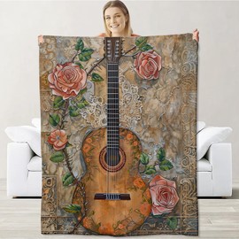Guitar Blanket for Kids Men Women, Flannel Guitar Blankets Gifts, Guitar Rose Floral Throw Blanket for Sofa Couch Bed Living Room Soft Warm Cozy Guitar Decor 60" x 50"