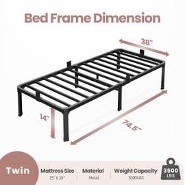 ROIL 14 Inch Twin Size Bed Frame with Mattress Slide Stopper - Single Black Basic Anti Squeak Steel Slats Metal Platform, Heavy Duty Noise Free Easy Assembly Bedframes, No Box Spring Needed