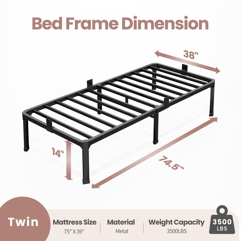 ROIL 14 Inch Twin Size Bed Frame with Mattress Slide