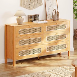 DWVO Natural Rattan 6 Drawer Dressers - Oak Wooden Dresser Chest of Drawers with Golden Handles - Modern Large Closet Boho Dressers Storage Cabinet for Living Room/Hallway/Entryway