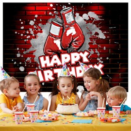Aperturee 7x5ft Boxing-Themed Happy Birthday Backdrop Red Wall Boxing Gloves Photography Background Banner for Boys or Girls Fight Nights Party Decoration Supplies Photo Booth Props