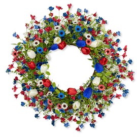 Yawwind 22 Inches Patriotic Wreaths for Front Door 4th of July Wreath Independence Day Wreath with Red White and Blue Tulip Flowers for Window Wall Front Porch Memorial Flag Decor