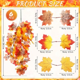 Wavyknot 6 Pcs Fall Wall Hanging Decor 29.5 Inch Artificial Hanging Maple Leaves Fake Autumn Leaves Vines for Outdoor Indoor Decor Home Garden Thanksgiving Party (Autumn Colors)